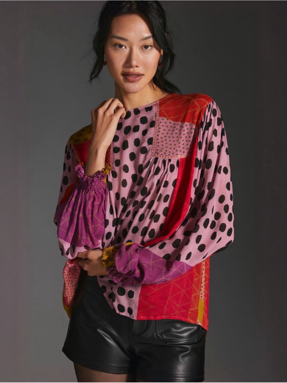 Anthropologie BL-NK Eclectic Pink Patchwork Peasant Blouse Petite Boho Top NWT - Picture 7 of 7